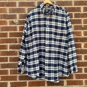 LL Bean Single Needle Tailoring L/S Shirt Sz 16.5 35 Blue Plaid USA Vintage